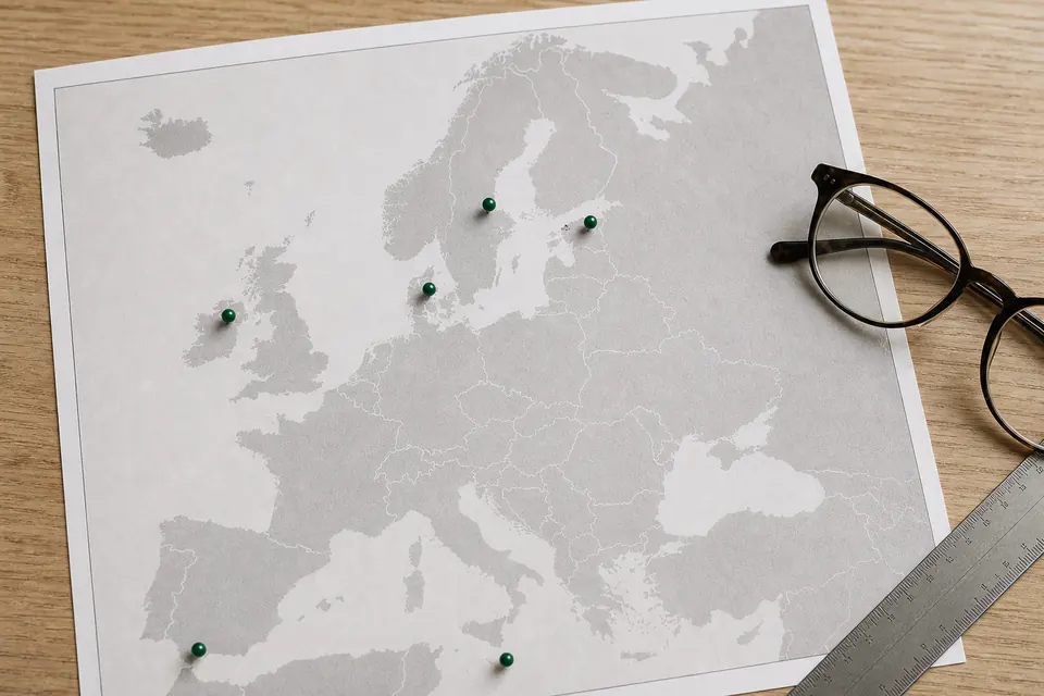 Spellicenser i Europa – grå karta utan namn med sex gröna nålar, en glasögonbåge och en linjal
