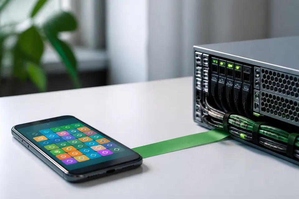 Licenstyper B2C och B2B – en mobil med spelrutor kopplad till en liten server med gröna lampor