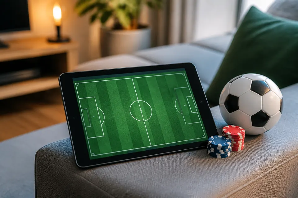 Surfplatta med en fotbollsplan bredvid en fotboll och casinomarker i en soffa
