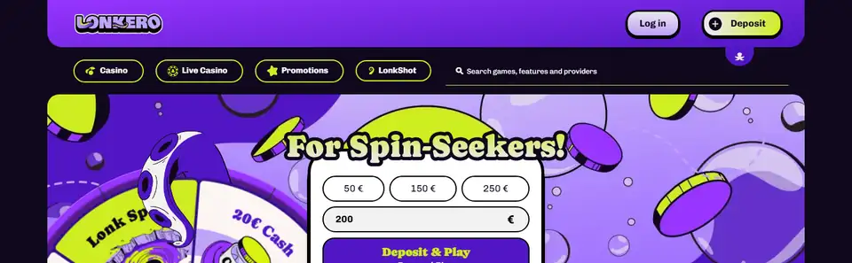 Lonkero Kasino startsida med LonkShot-hjulet och Deposit & Play