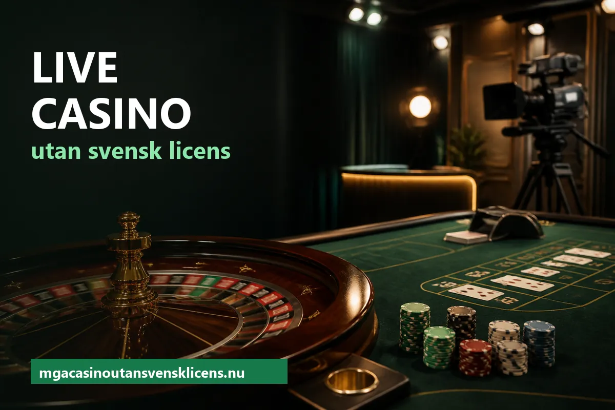 Roulettehjul, marker och en blackjackhand på ett grönt livebord i studioljus – live casino utan svensk licens