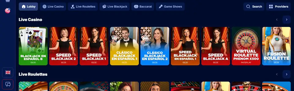 BetNFlix livelobby med flikarna Live Roulettes, Live Blackjack, Baccarat och Game Shows