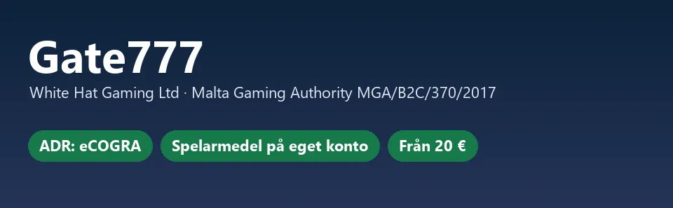 Faktakort för Gate777 med licensnummer MGA/B2C/370/2017 och ADR via eCOGRA