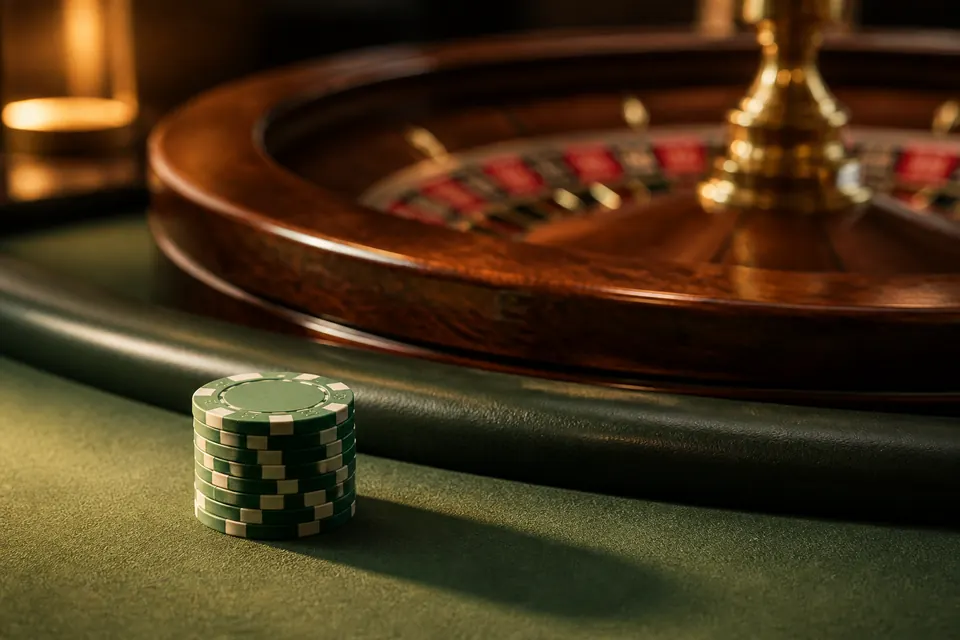 En liten stapel med låga spelmarker bredvid ett roulettebord i mjukt ljus