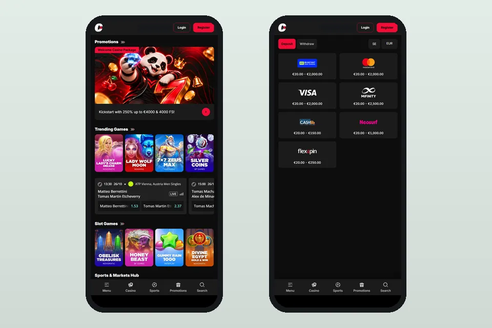 Chalkwins startsida och kassa med betalningsmetoder i en mobiltelefon