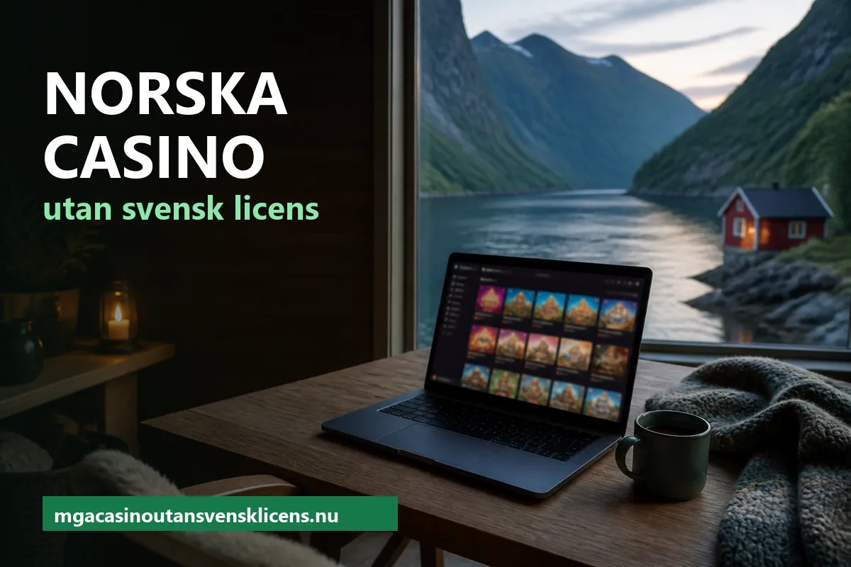 Bärbar dator med en casinolobby på ett träbord i en stuga med utsikt över en norsk fjord