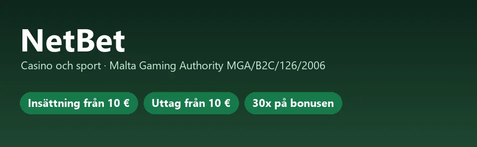 Faktakort för NetBet: insättning från 10 €, uttag från 10 €, 30x på bonusen
