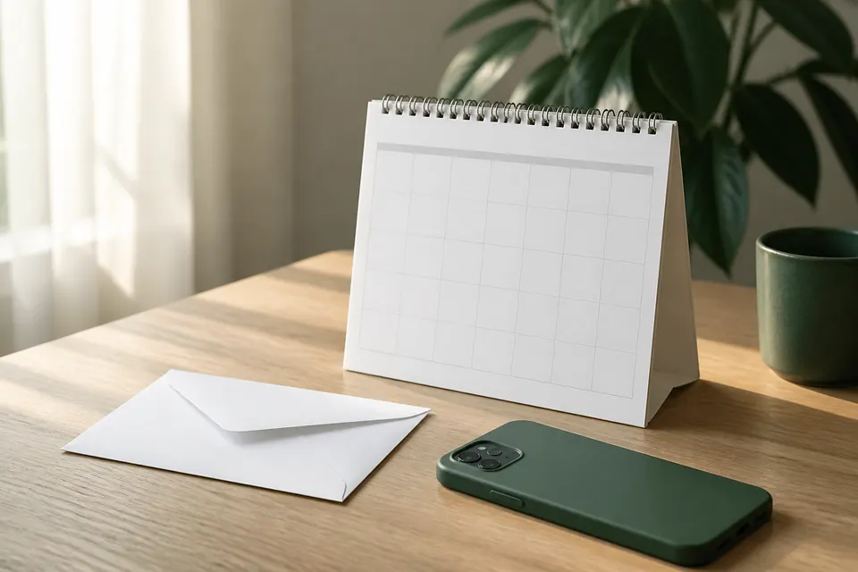 Bordskalender utan siffror, ett kuvert och en mobiltelefon med skärmen nedåt på ett ljust träbord