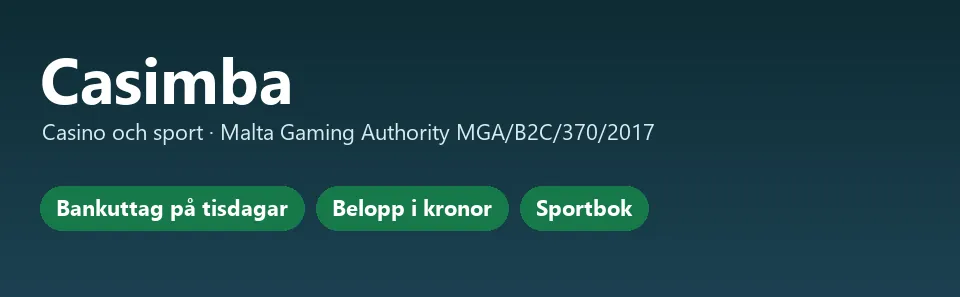 Faktakort för Casimba med licens, bankuttag på tisdagar, belopp i kronor och sportbok