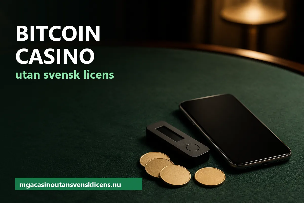 Släta guldmynt, en mobiltelefon och en hårdvaruplånbok på ett grönt spelbord – Bitcoin på casino utan svensk licens