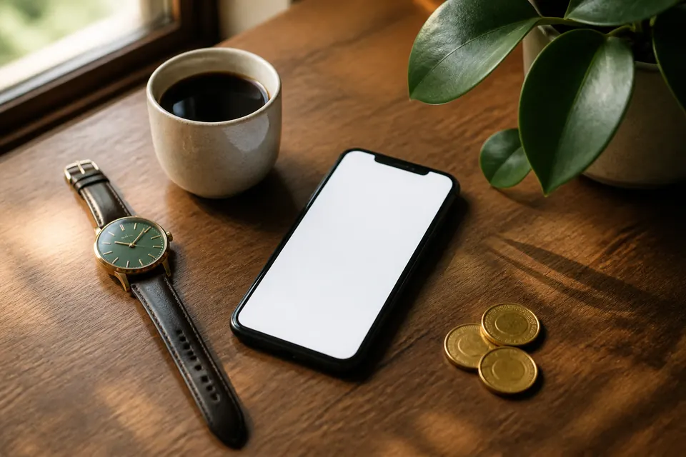 Mobiltelefon, armbandsur och guldmynt på ett skrivbord