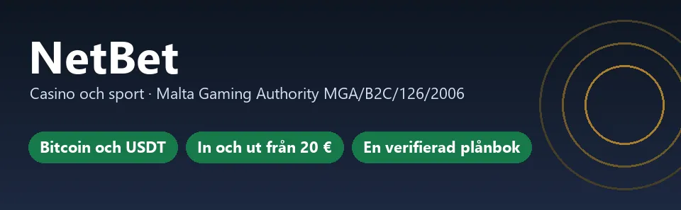 Faktakort för NetBet: Bitcoin och USDT, in och ut från 20 €, en verifierad plånbok