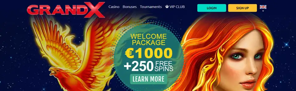 GrandX startsida med välkomstpaket och free spins