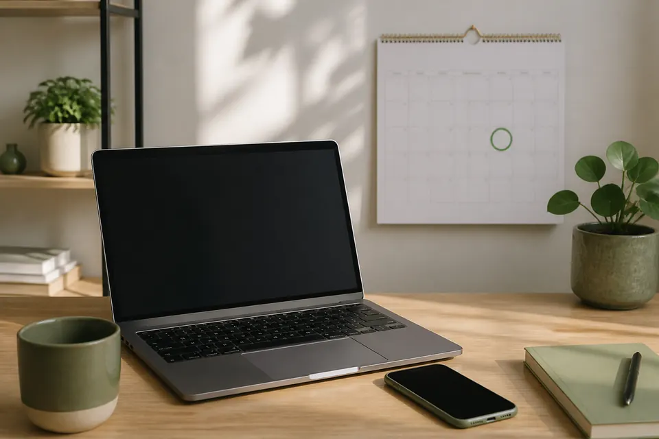 Bärbar dator och mobiltelefon på ett skrivbord med en väggkalender i bakgrunden