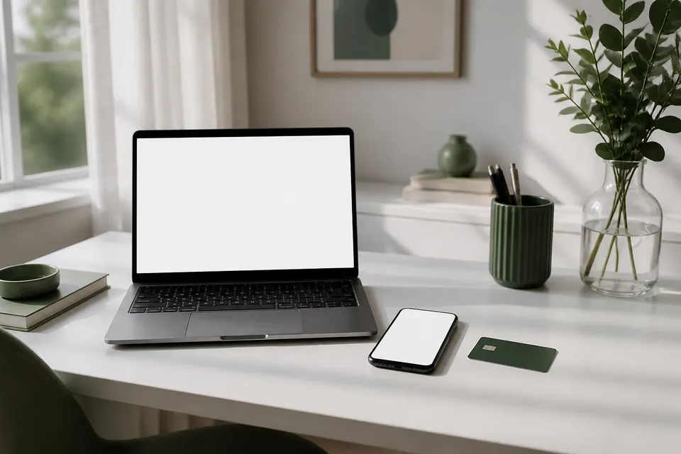 Bärbar dator och mobiltelefon på ett skrivbord med ett bankkort bredvid