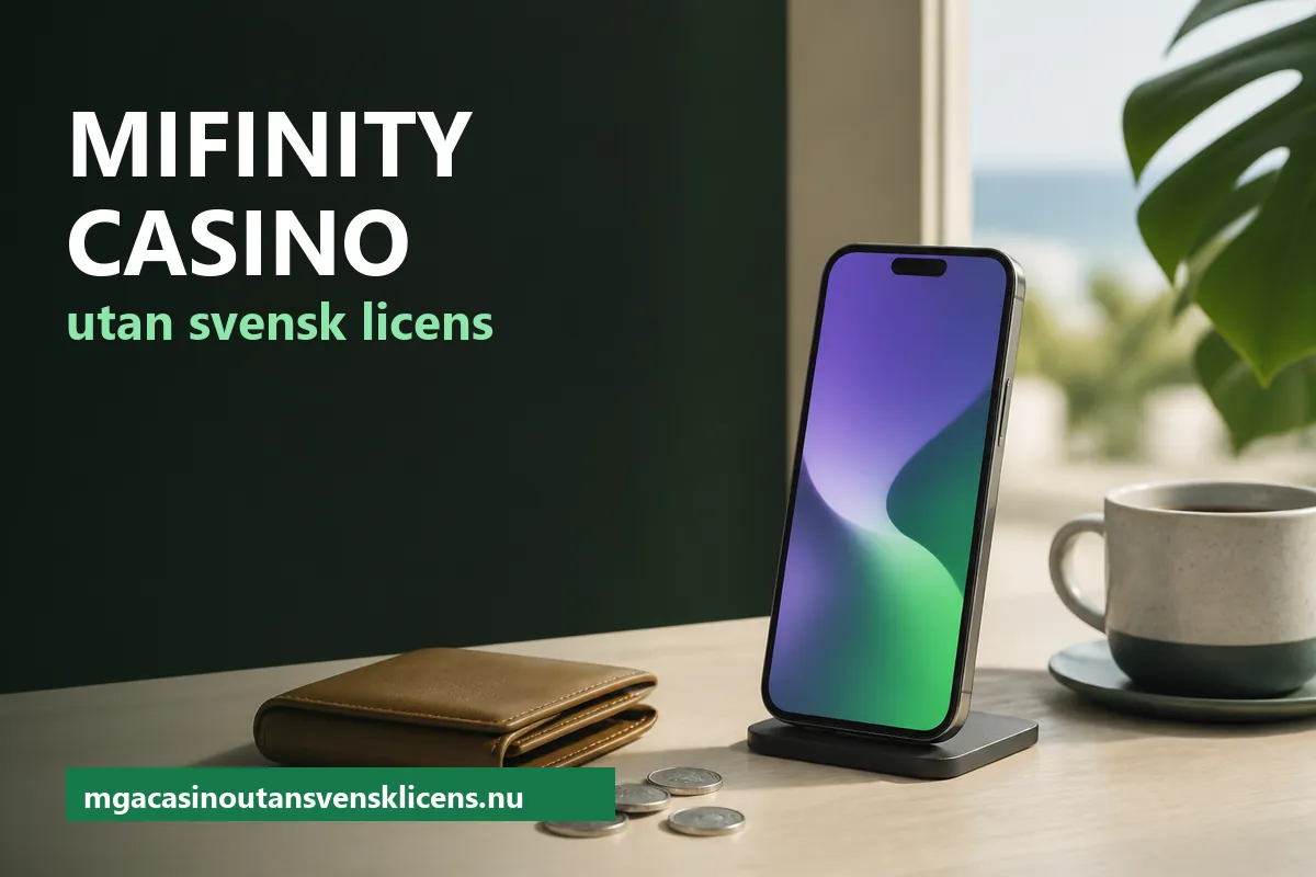 Mobiltelefon i ett ställ med lila och grön skärm, en liten plånbok och några mynt på ett ljust träskrivbord i morgonljus