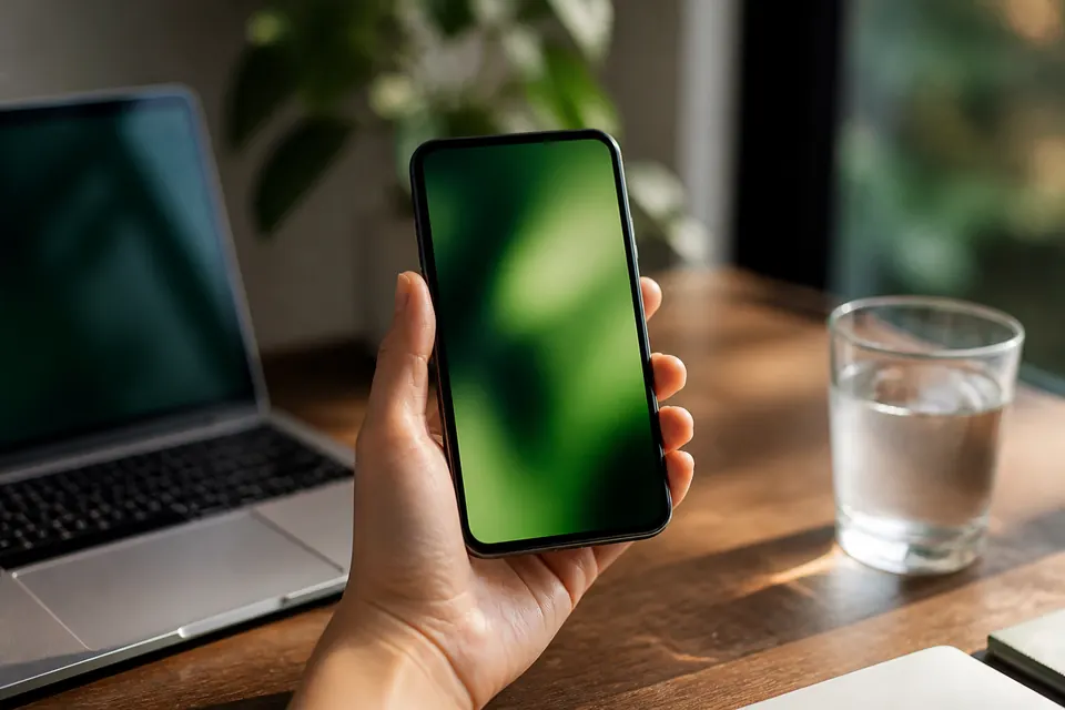 Hand som håller en mobiltelefon med grön skärm vid ett skrivbord med laptop och vattenglas