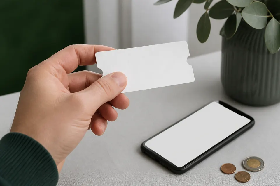 Hand som håller en tom kvittolapp bredvid en mobiltelefon och några mynt