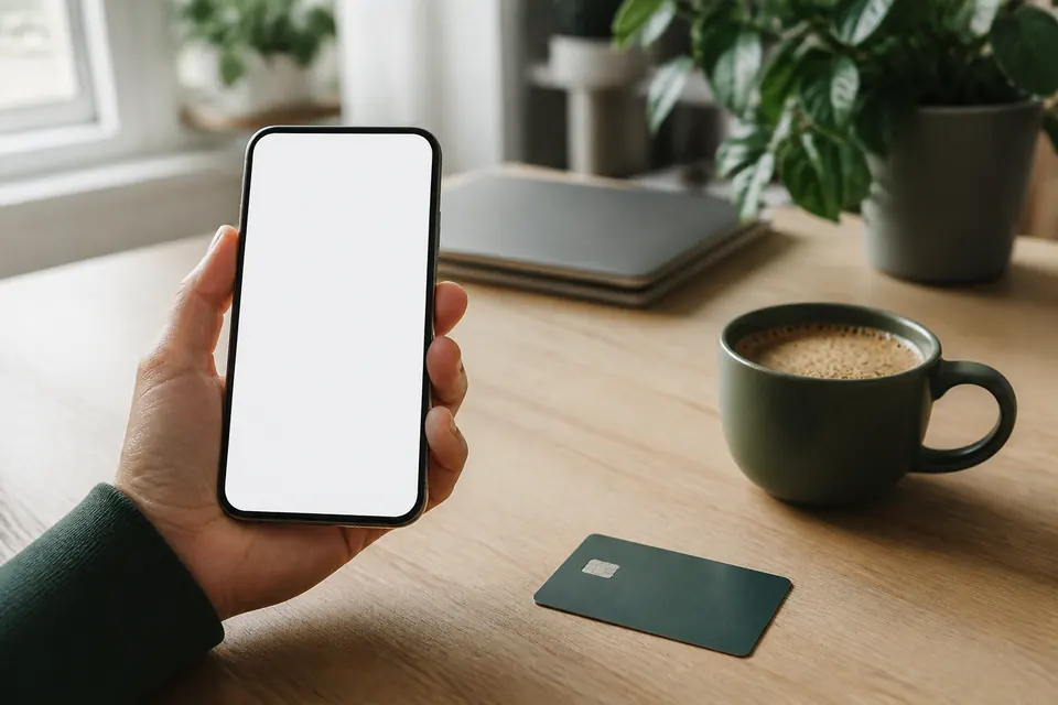 Hand som håller en mobiltelefon med tom skärm över ett skrivbord med ett bankkort och en kaffekopp