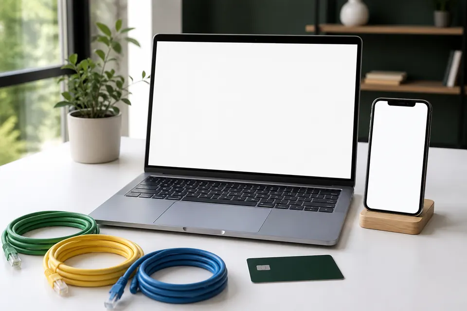 Bärbar dator med tom skärm och en mobiltelefon på ett skrivbord, nätverkskablar och ett bankkort i förgrunden