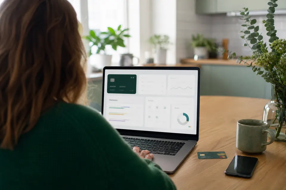 Person vid ett köksbord med laptop, bankkort och mobil