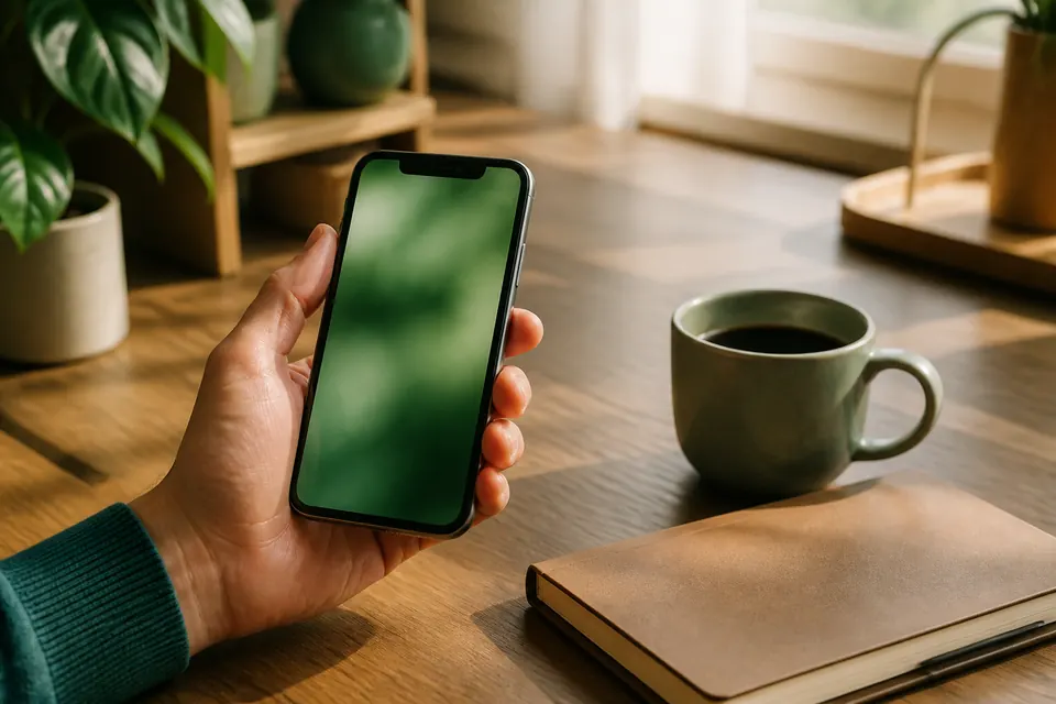 Hand som håller en mobiltelefon med grön skärm vid ett skrivbord med kaffekopp och anteckningsbok