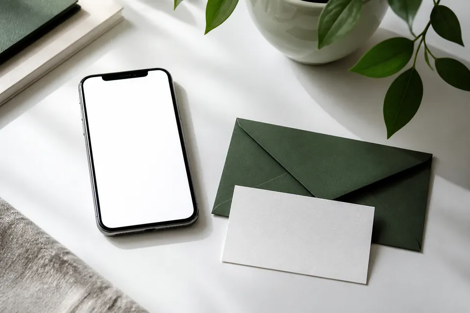 Mobiltelefon bredvid ett blankt presentkort och ett grönt kuvert på ett vitt skrivbord