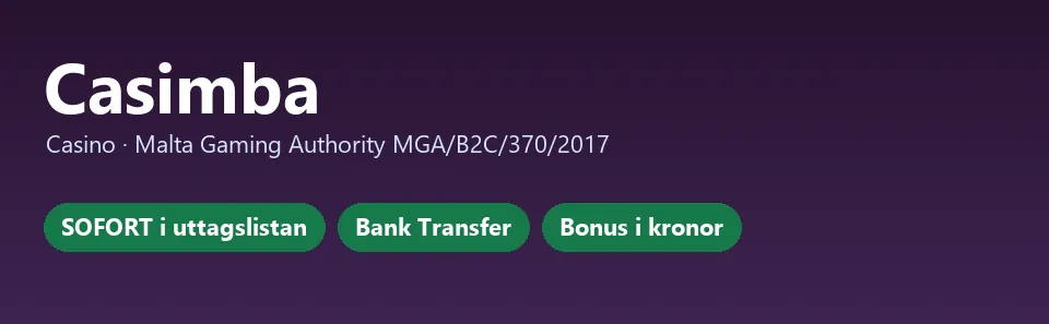 Casimba i korthet: SOFORT i uttagslistan, Bank Transfer, bonus i kronor