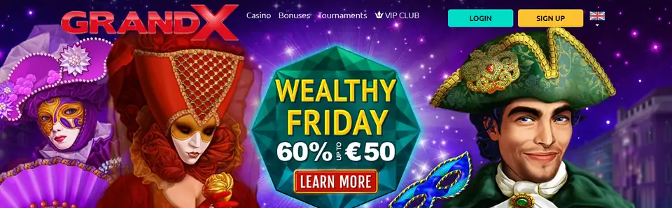 GrandX startsida med kampanjen Wealthy Friday
