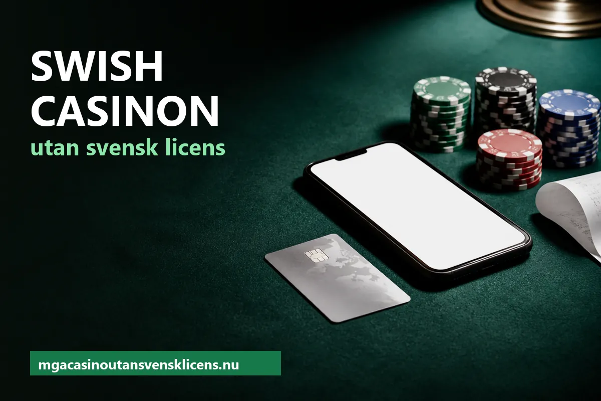 Mobiltelefon, bankkort och marker på ett mörkgrönt spelbord – Swish casinon utan svensk licens