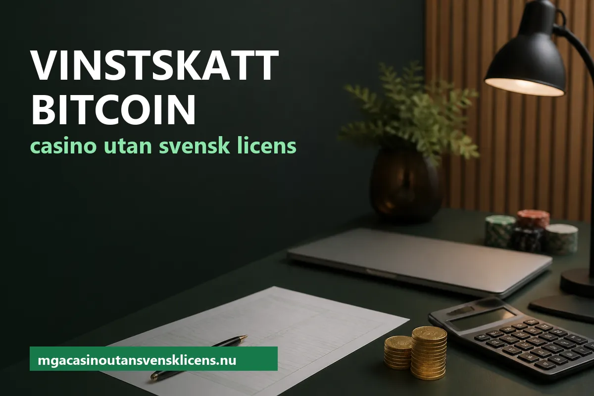 Bitcoinmynt, miniräknare och deklarationspapper på ett mörkgrönt skrivbord – vinstskatt på bitcoin casino utan svensk licens