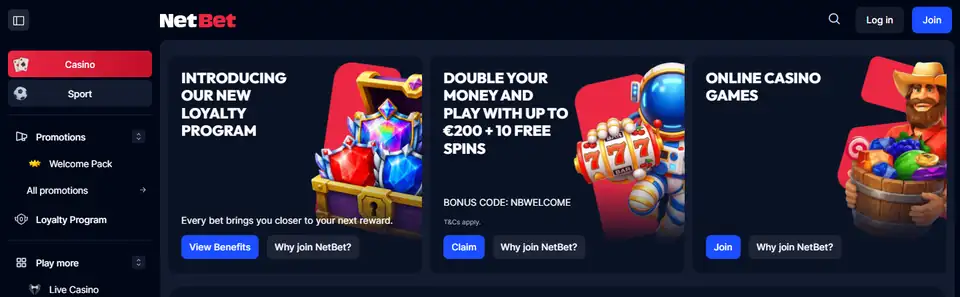NetBets casinolobby med välkomstbonus upp till 200 € och 10 free spins