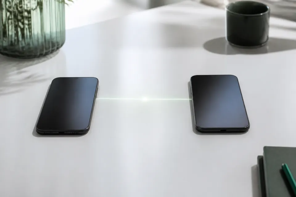 Två mobiltelefoner på ett vitt skrivbord förbundna av en tunn ljuslinje