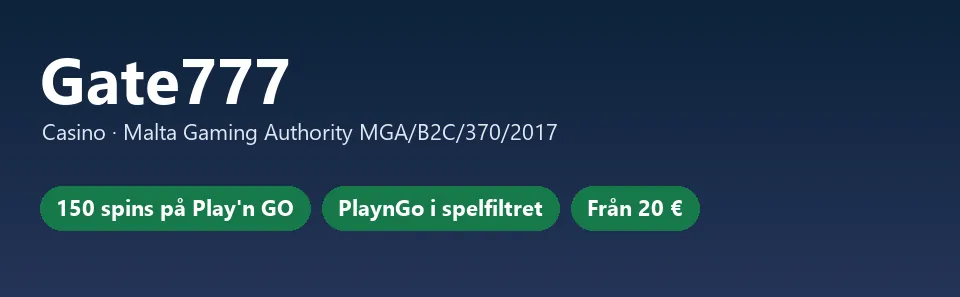Gate777 i korthet: 150 spins på Play'n GO, PlaynGo i spelfiltret, insättning från 20 €