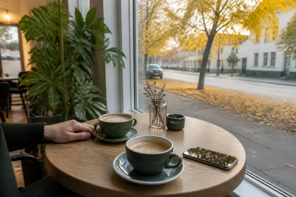 Stöd när du vill sluta spela – två kaffekoppar på ett runt bord vid ett fönster i ett lugnt kafé en höstdag