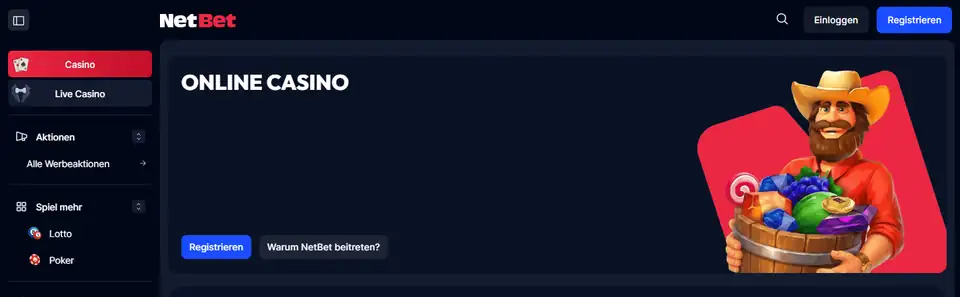 NetBets tyskspråkiga casinosida med rubriken Online Casino och knapparna Registrieren och Warum NetBet beitreten