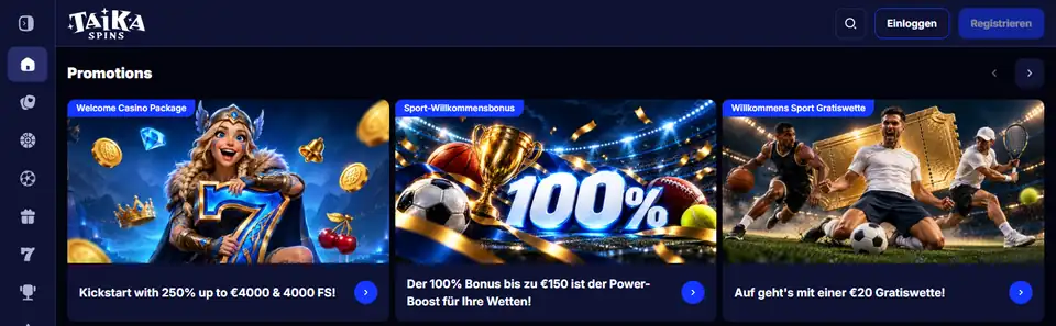 Taika Spins tyska startsida med Welcome Casino Package, Sport-Willkommensbonus och Willkommens Sport Gratiswette