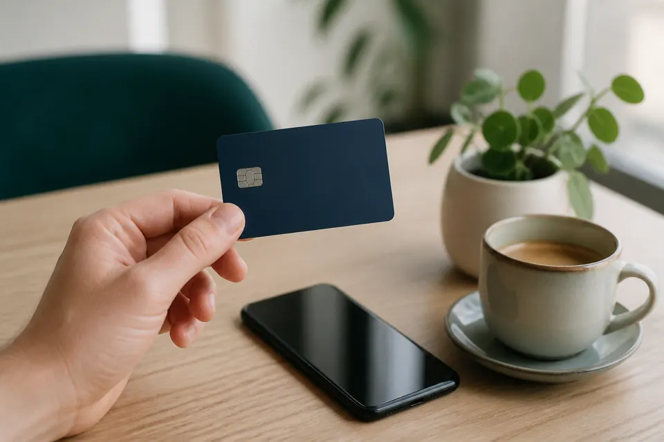 Hand som håller ett blankt kontokort över ett träbord med en mobiltelefon och en kaffekopp