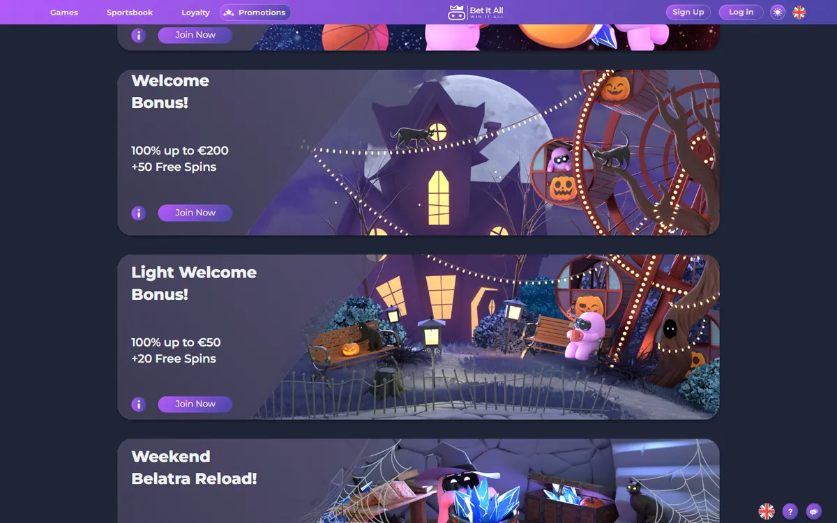 Betitall kampanjsida med Welcome Bonus och Light Welcome Bonus