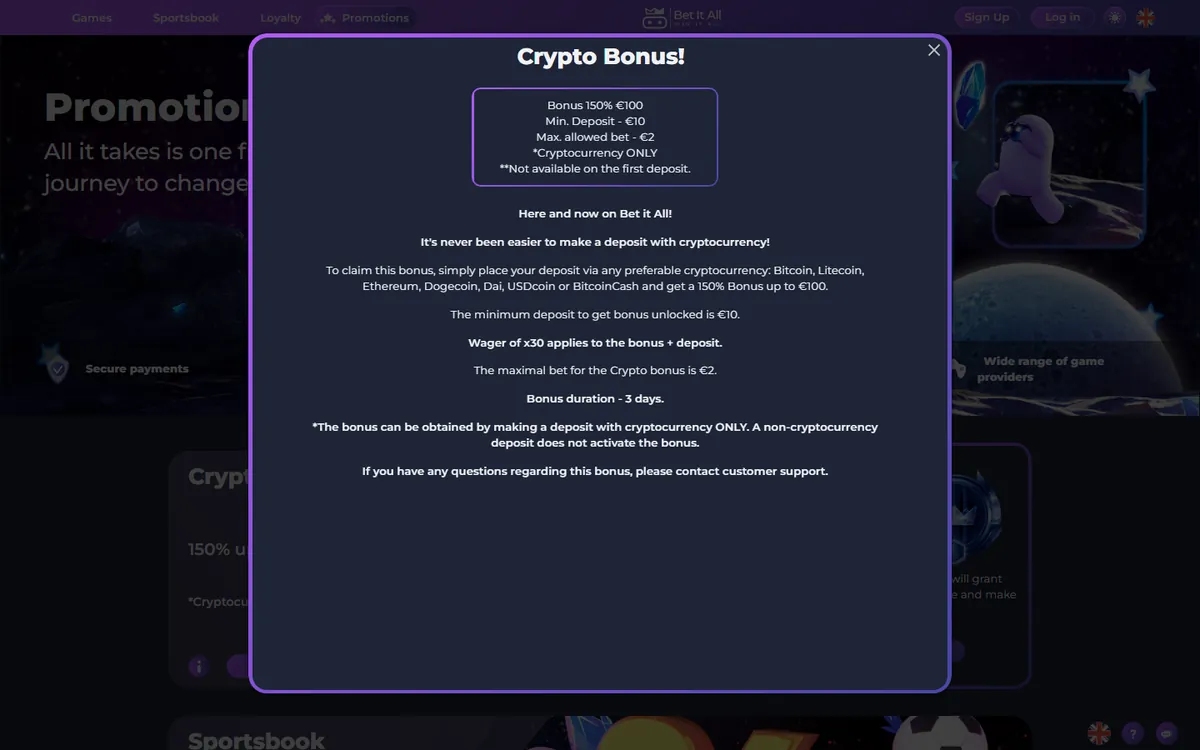 Betitall kryptobonus 150 % upp till 100 €