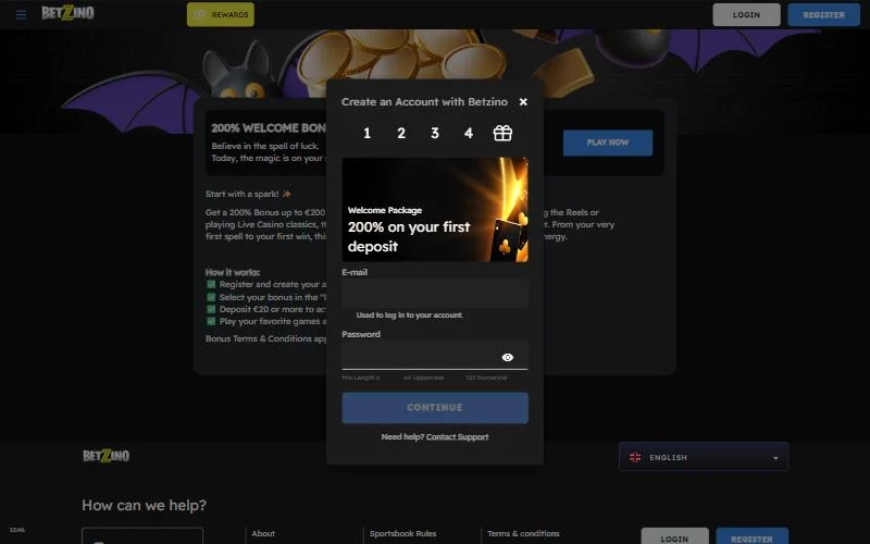 Registrering hos Betzino casino