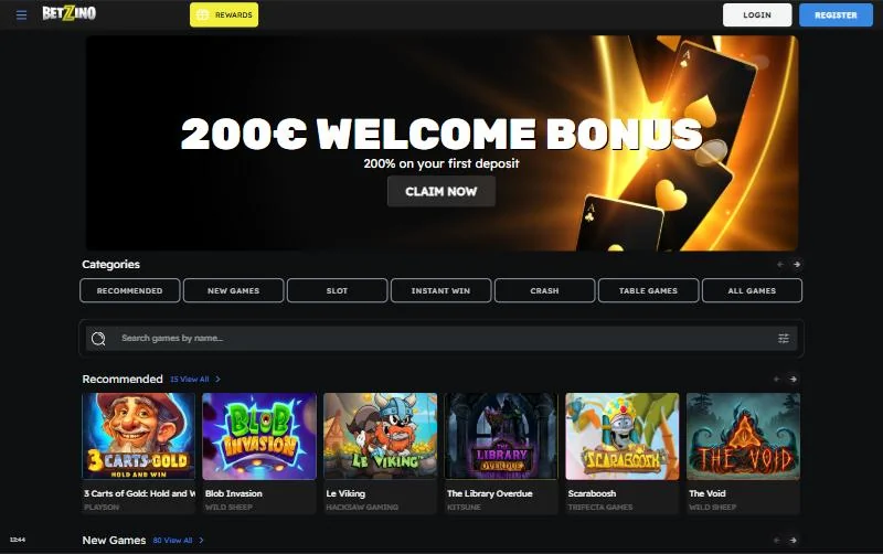 Betzino casino lobby på desktop