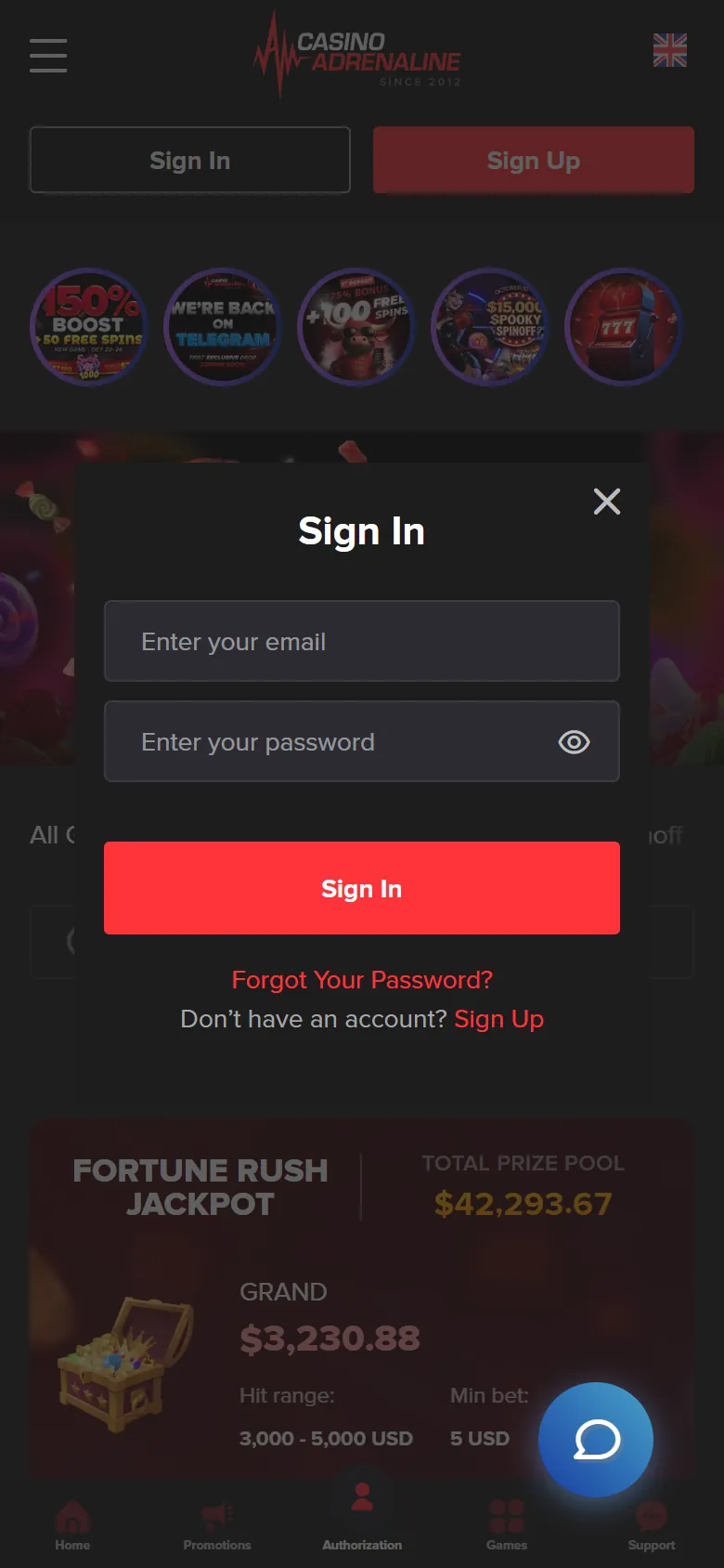 Casino Adrenaline login på mobilen med e-post och lösenord