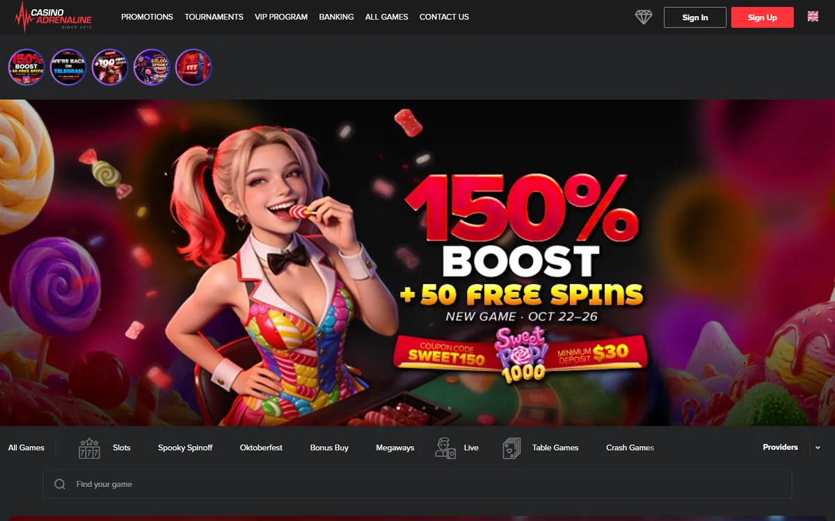 Casino Adrenaline startsida med spellobby