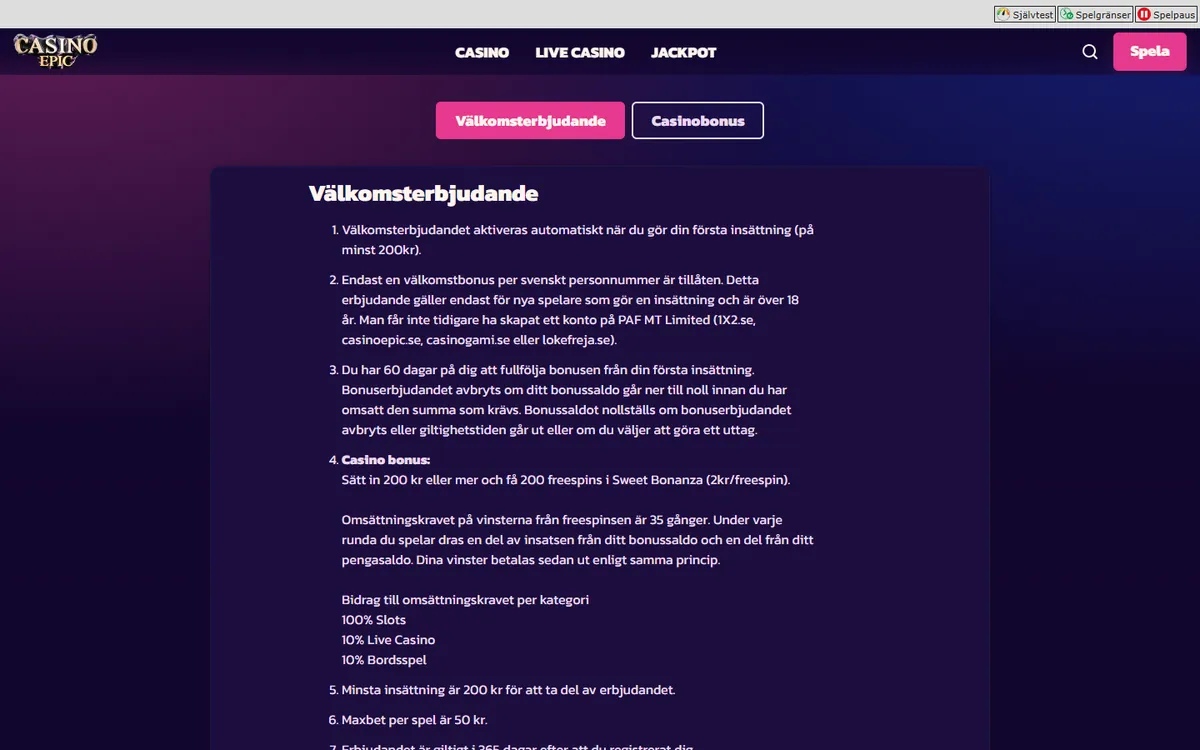 Casino Epic bonusvillkor för välkomsterbjudandet