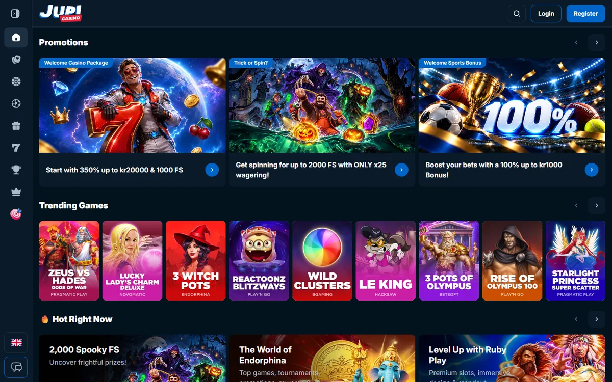 Jupi Casino startsida med välkomstpaket och sportbonus
