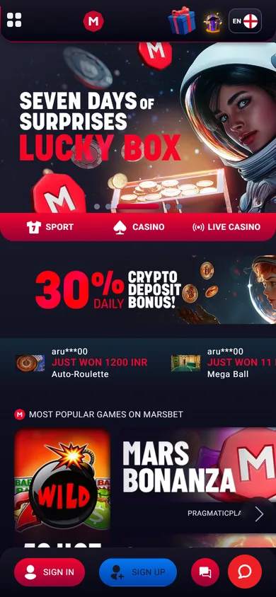 Marsbet casino på mobilen med Sign in och Sign up