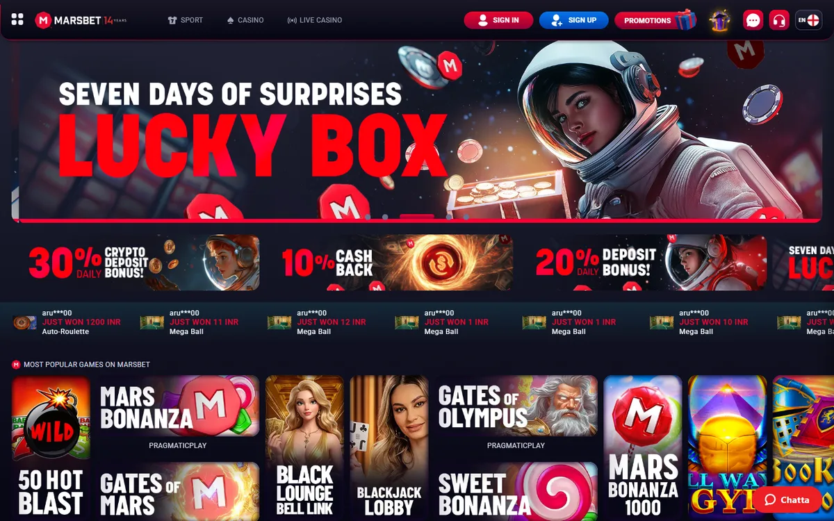 Marsbet casino startsida på desktop
