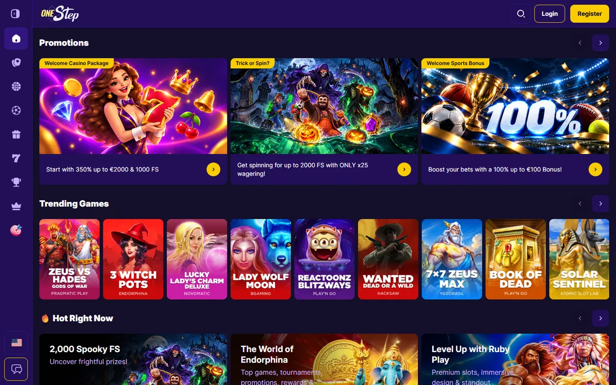 Onestep Casino startsida på desktop