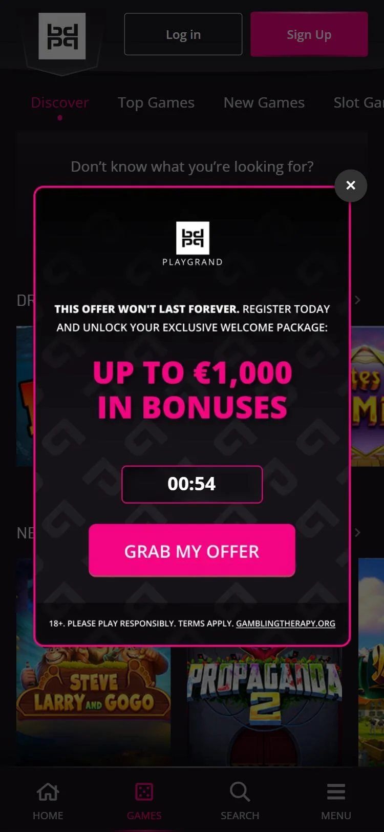 PlayGrand mobile i mobilens webbläsare med erbjudandet upp till 1 000 €